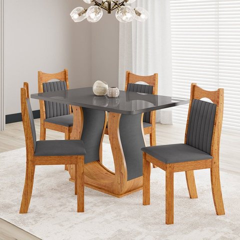Conjunto Sala de Jantar 4 Lugares Retangular Genebra Vidro MDF Cinza