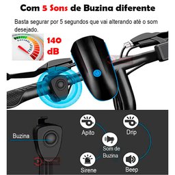 Kit Farol Bike Lanterna Led Recarregavel Usb Impermeável 3 Modos + Buzina com 5 Sons Diferente Siren - 4