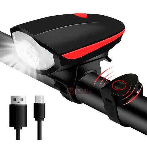 Kit Farol Bike Lanterna Led Recarregavel Usb Impermeável 3 Modos + Buzina com 5 Sons Diferente Siren