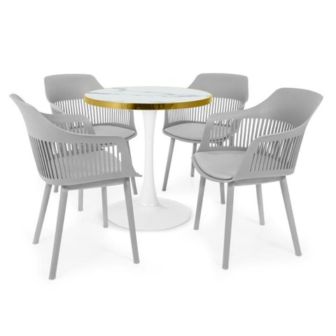 Conjunto Mesa de Jantar Redonda Majestic 70cm Branca com 4 Cadeiras Estofadas Marcela - Cinza
