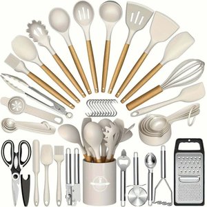 Kit 44 Utenslios de Cozinha Silicone e Madeira Antiaderente Caqui