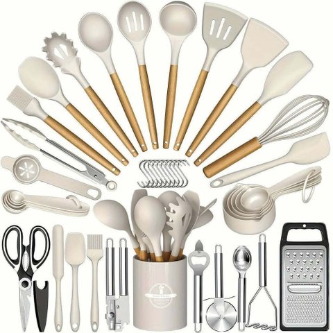 Kit 44 Utenslios de Cozinha Silicone e Madeira Antiaderente Caqui