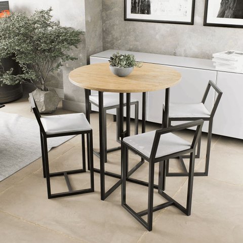Conjunto Mesa Redonda Pinus 4 Cadeiras Pequena Estofado Industrial Black