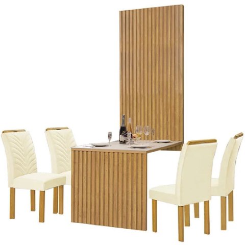 Mesa de Jantar Cancun 1,20 X 0,90 Tampo Vidro Off White com 04 Cadeiras com Painel Ripado Cinamomo