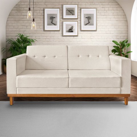 Sofa Beny 3 Lugares Linho Bege Soft Encosto Inclinado Madeira Prima Deccor