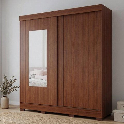Guarda-Roupa Casal 2 Portas de Correr com Pés e Espelho 183cm 100% MDF Bonito Espresso Móveis Marrom/Jequitiba