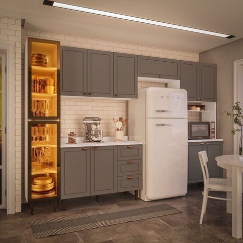 Cozinha Completa Modulada 320cm com Tampo e Cristaleira 5 Peças Pérola Yescasa