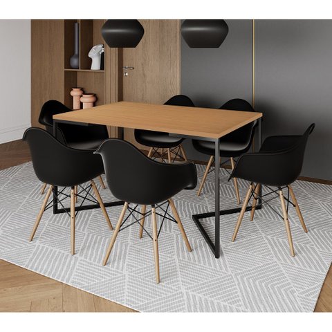 Mesa Jantar Industrial Canela Retangular 137x90cm Base V Ferro Preto c/ 6 Poltronas Eames Eiffel Pre