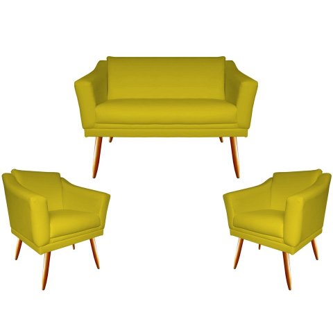 Kit Namoradeira + 2 Poltronas Decorativa Agatha Couro Amarelo Pés Madeira Mz Decor