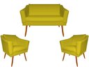 Ver imagem 1 de Kit Namoradeira + 2 Poltronas Decorativa Agatha Couro Amarelo Pés Madeira Mz Decor