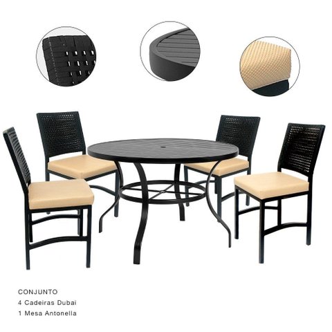 Conjunto para Área- 04 Cadeiras Dubai/estof 01 Mesa Antonella 1m
