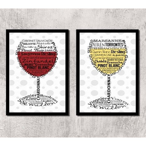 Kit 2 Quadros Vinho Branco E Vinho Tinto 45x34cm - com vidro:Madeira branca