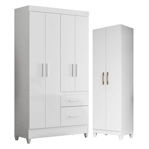 Guarda Roupa Solteiro Madri e Armário Multiuso New Íris Branco Brilho - Moval
