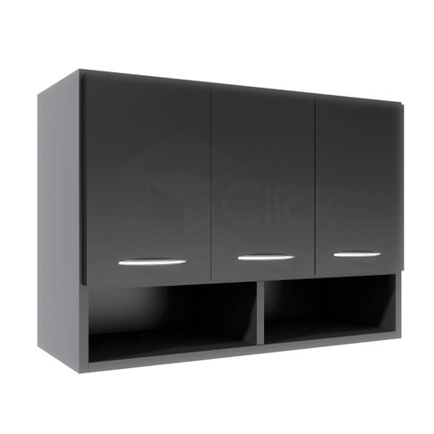 Balcão Armário Aéreo 3 Portas Lavanderia Multiuso Despensa ClickForte Armário Multiuso Preto