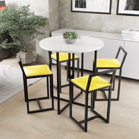 Conjunto Mesa 4 Cadeiras Estofado Tampo Branco Redondo Industrial Black
