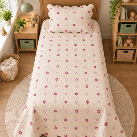 Cobre Leito Infantil Aquarela Solteiro Dupla Face Floral Rosa
