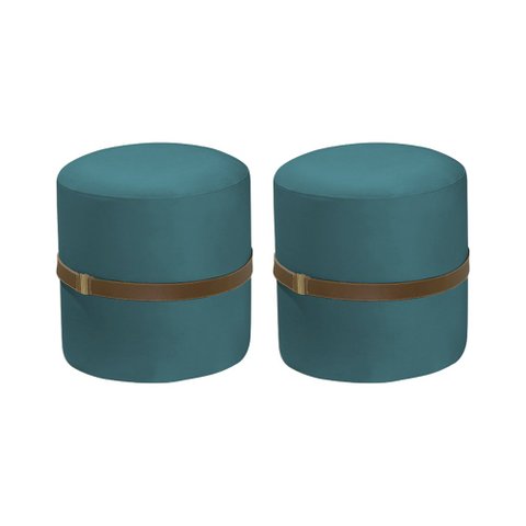 Kit 2 Puff Decorativo Old com Cinto Estofado em Veludo Azul