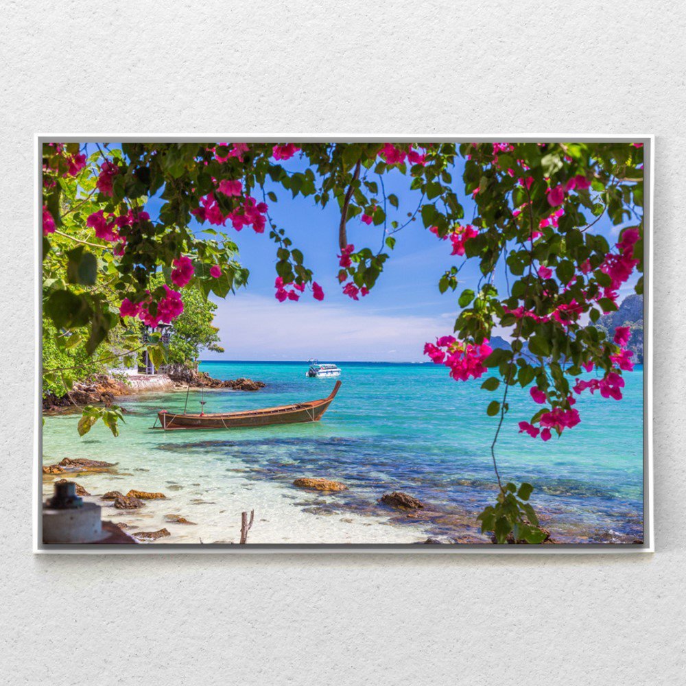 Quadro Decorativo Flores e Barco Beira Mar Com Moldura e Sem Vidro 100X160