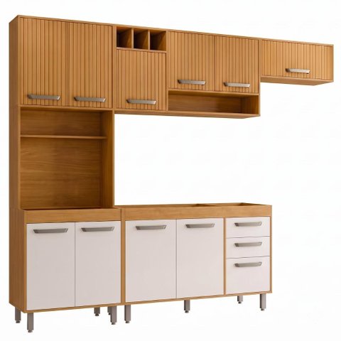 Cozinha Compacta 4 Peças 258x218 cm Balcao para Pia Malta Freijo Ripado Off Acetinado Poliman