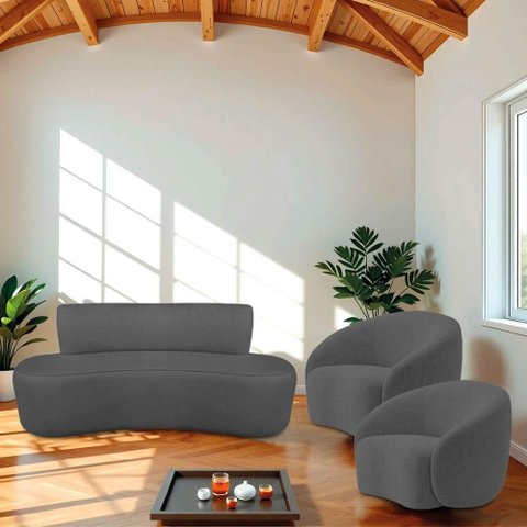 Kit Recamier Curvo Amsterdã 160cm e 2 Poltronas Amore Luxo Linho Cor Cinza Escuro