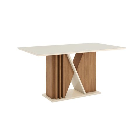 Mesa Valine 160cm Canto Reto com Vidro Bege/Nature/Off White