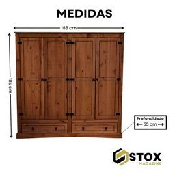 Guarda Roupas Carvalho 4 Portas 2 Gavetas Madeira Maciça:carvalho - 3