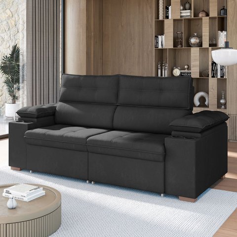 Sofá Retrátil e Reclinável 2 e 3 Lugares 180cm com USB e Porta-Copos Capri Veludo Titânio