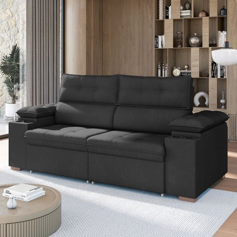 Sofá Retrátil e Reclinável 2 e 3 Lugares 180cm com USB e Porta-Copos Capri Veludo Titânio