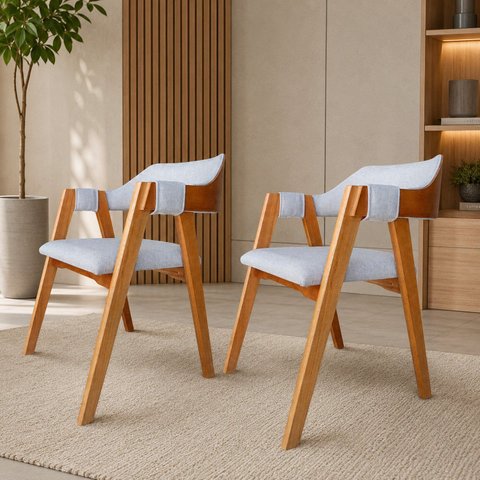 Conjunto 2 Unidades Poltrona Lux em Linho Cinza-Claro em Madeira Maçiça & Tauari Design Versátil