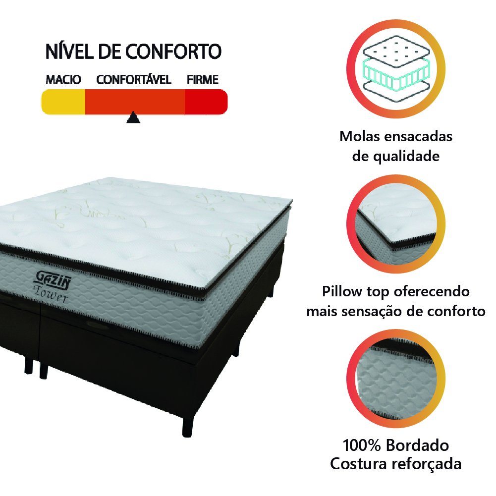 Cama Box Baú King Gazin Colchão Molas Ensacadas com Pillow Top Tower Branco/marrom - 6
