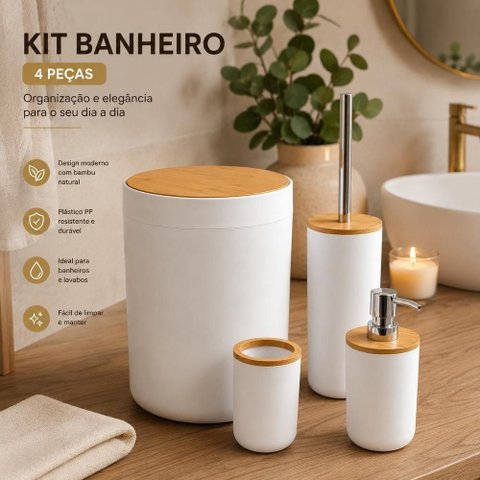 Kit Banheiro 4 Peças Lixeira Escova Sanitária Organizador Dispenser Plástico PP e Bambu Branco