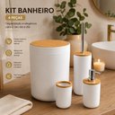 Ver imagem 1 de Kit Banheiro 4 Peças Lixeira Escova Sanitária Organizador Dispenser Plástico PP e Bambu Branco