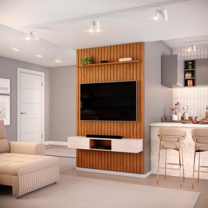 Painel Ripado com Bancada Suspensa para Tv até 60 Polegadas 1430x2400 Trento Freijó/off White - Dj M