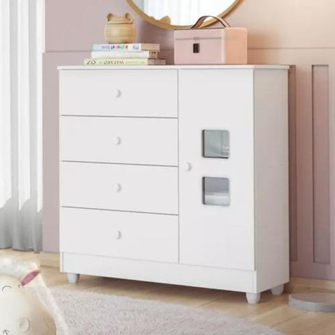 Cômoda Funcional Quarto Bebê Organização 4 Gavetas Branca:branco