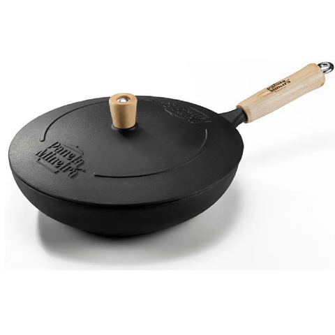 Frigideira Wok Ferro Fundido 28cm 3L com Tampa e Cabo de Madeira Panela Mineira