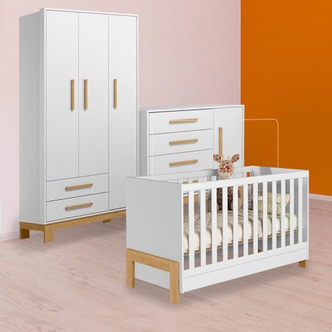 Conjunto Berço Mini Cama Fantasia, Cômoda Sapateira Slim e Guarda Roupa Slim Branco