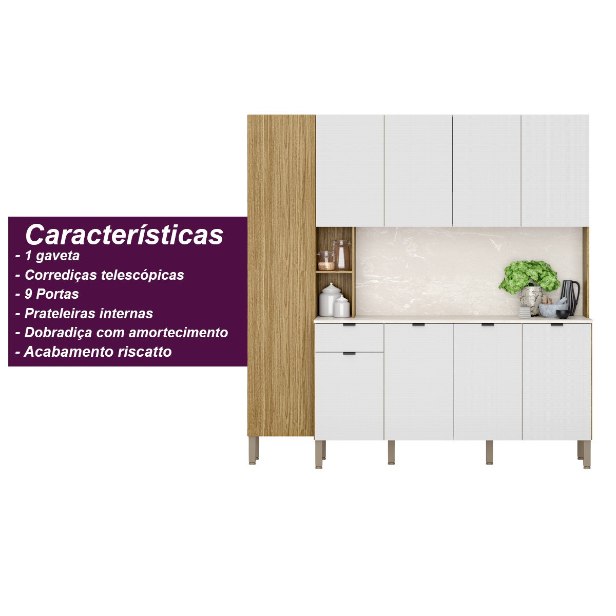 Armário de Cozinha Compacta 9 Portas 1 Gaveta Pulse - Freijó/artico/riscatto Freijó - 6