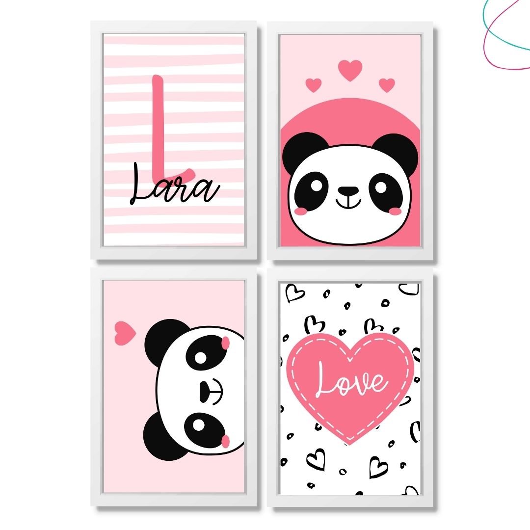 Quadro Decorativo Infantil Panda Rosa e Preto moldura vidro:Preta