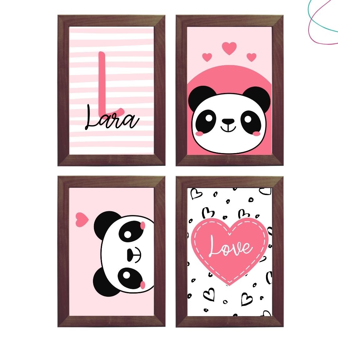 Quadro Decorativo Infantil Panda Rosa e Preto moldura vidro:Preta - 4