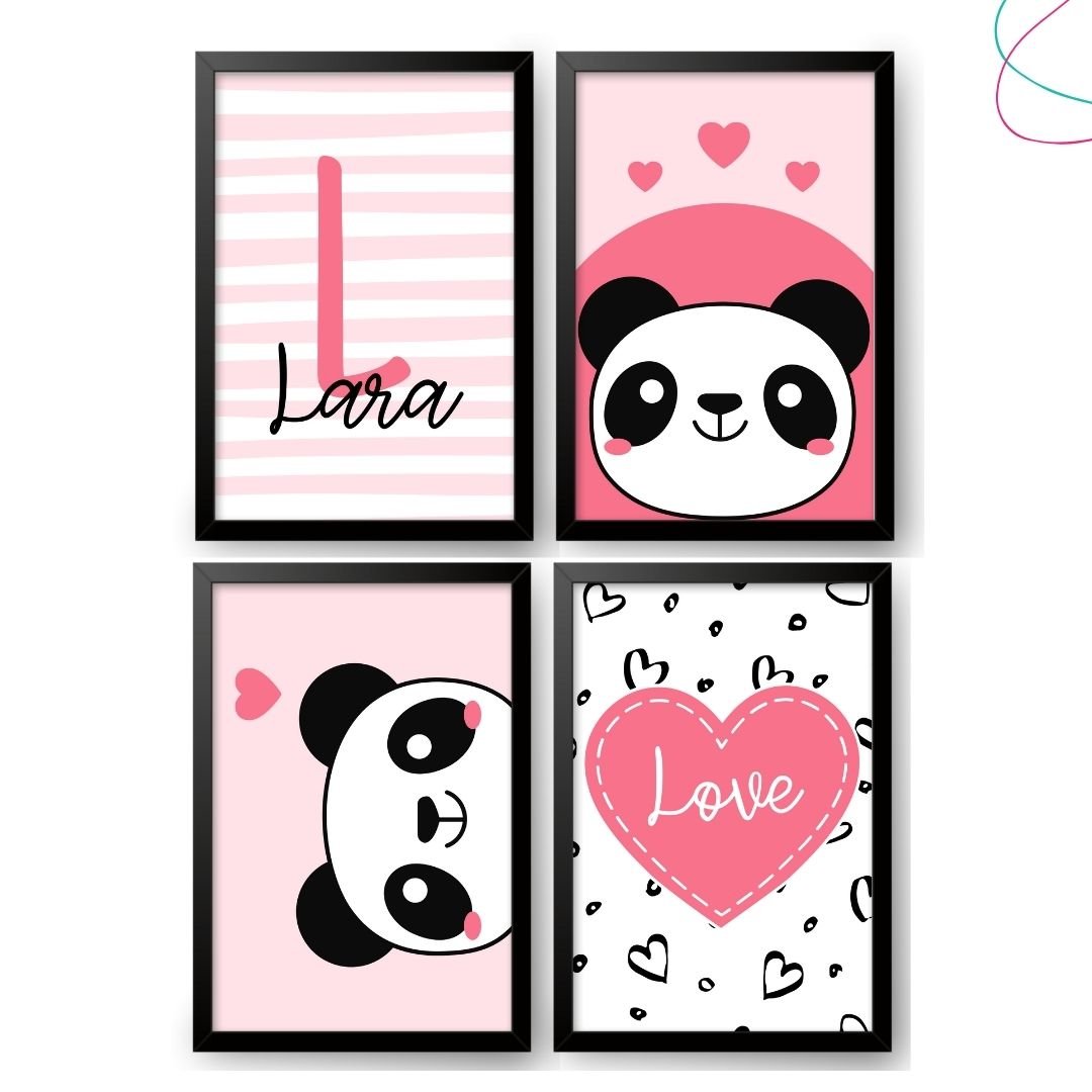 Quadro Decorativo Infantil Panda Rosa e Preto moldura vidro:Preta - 3