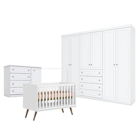 Quarto de Bebê Americano 6 Portas Com berço Americano Q Encanto 3820 Retrô Branco Acetinado - Qmovi 