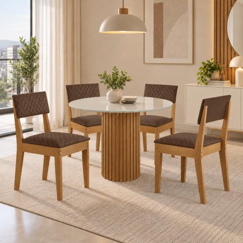 Sala de Jantar 4 Lugares Mesa Jolie 100cm Tampo Redondo de Vidro e 4 Cadeiras Estofadas Copper Soft