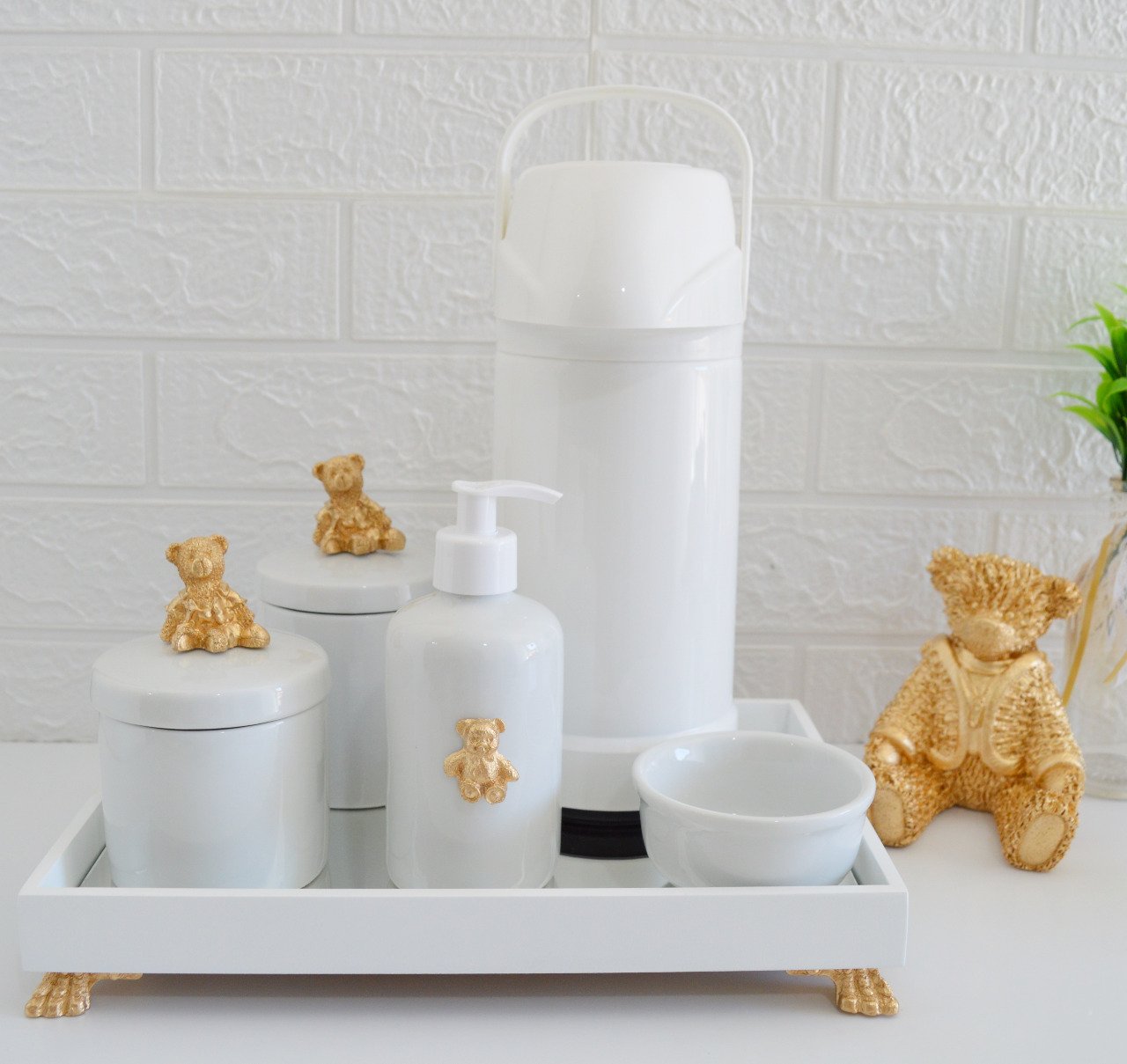 Kit Higiene Porcelana Baby Com Bandeja Espelho + Termica 500 ml - Tema Urso Menino