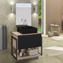 Kit Gabinete Banheiro Completo Industrial Tech 60cm Madeirado/preto- Cuba Preta - 1 Kit Gabinete Banheiro Completo Industrial Tech 60cm Madeirado/preto- Cuba Preta - 1