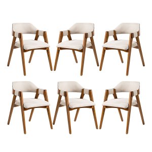 Kit 6 Cadeiras para Mesa de Jantar Lua Madeira Maciça com Estofado Linho Bege L60 Rmi