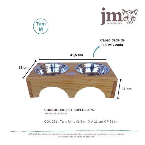 Comedouro Pet Elevado Duplo M - Potes Inox Madeira Lapa - 3