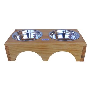 Comedouro Pet Elevado Duplo M - Potes Inox Madeira Lapa