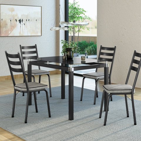 Conjunto Mesa 107x73cm Malva com 4 Cadeiras New Preto/Grafiato