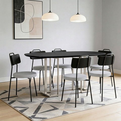 Mesa Retangular Alina 180cm Preto Champanhe com 6 Cadeiras Barcelona N01 Couríssimo Preto Linho Cinz