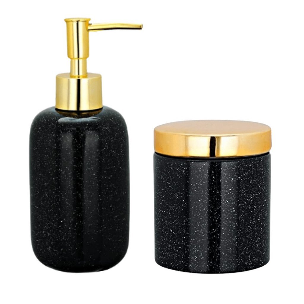 Kit Lavabo - Porta Sabonete Líquido 17 cm e Porta Copo Escova 10 cm de Cerâmica Preto